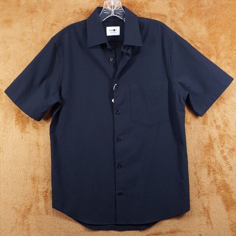 NN07 Shirt Mens Small Black Button Up Seersucker Short Sleeve Pocket ERRICO
